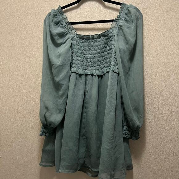 Asos Teal Shirred Skater Dress Long Sleeve Babydoll Mini Dress Smocked Size 6 - Picture 8 of 8